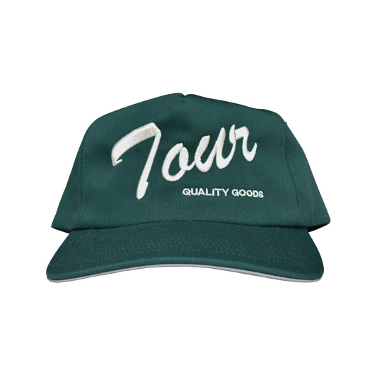 Poly Cotton Twill 5-panel hat with TOUR script embroidery